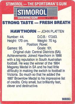 1990 AFL Scanlens Stimorol #10 John Platten Back